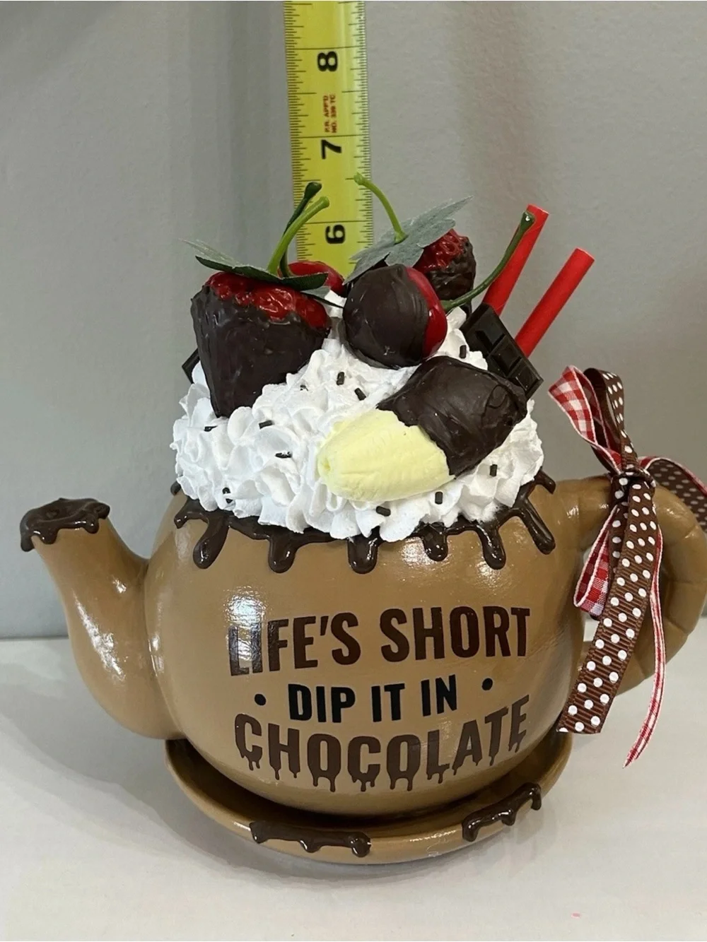 Life's Short Dip It In Chocolate Ceramic Teapot Decor - Handmade Fake dessert